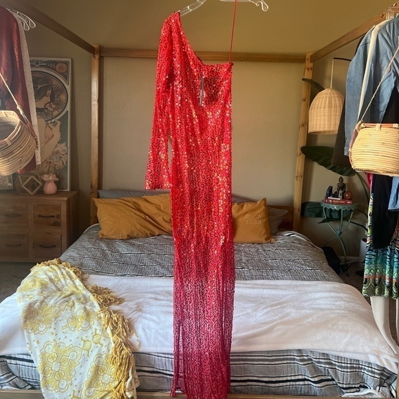 Fashion Nova/ Red Sheer Crochet and Sequin One Sleeve Maxi Dress/ Size M - Picture 7 of 7